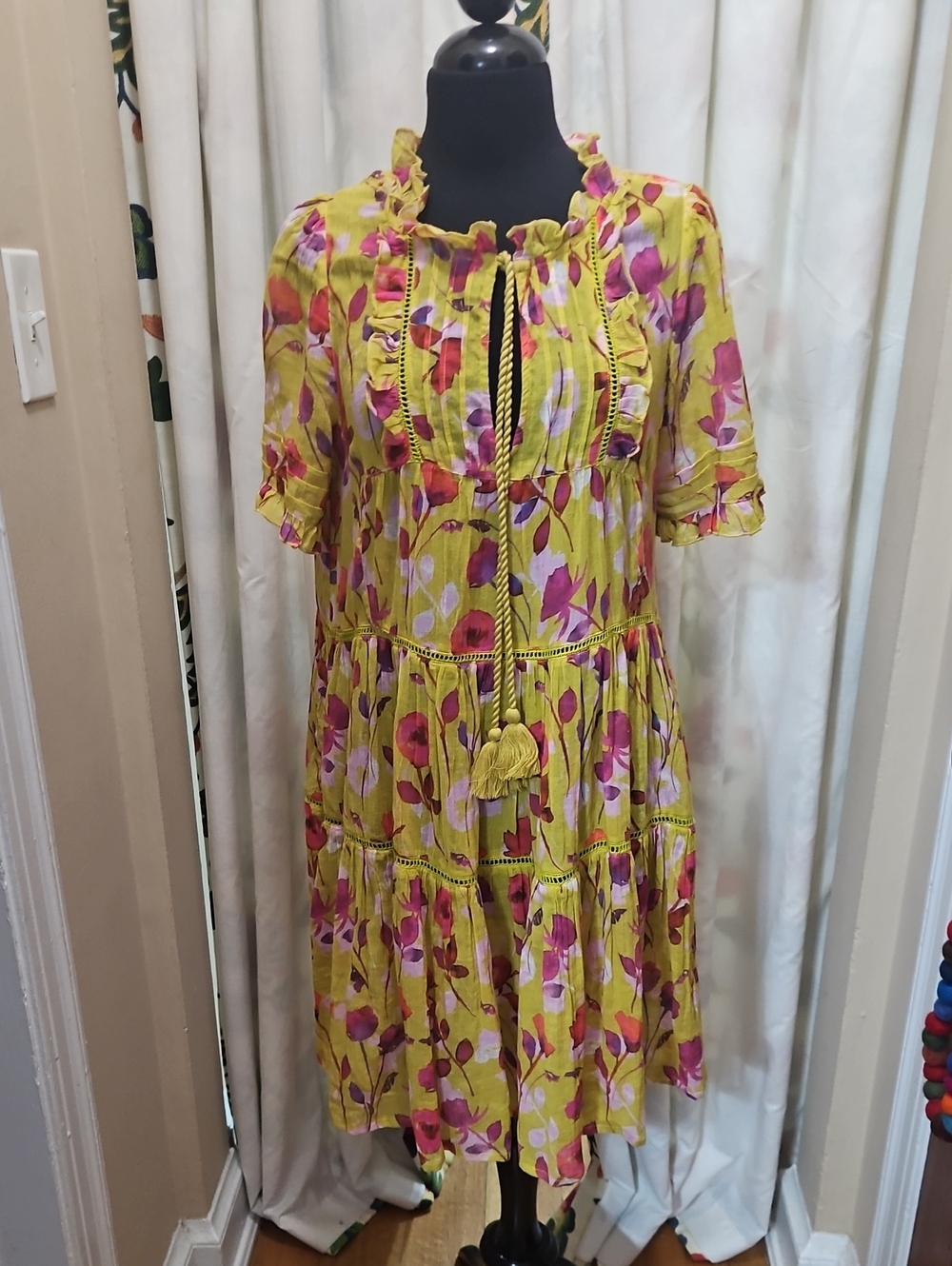 Women's Yellow Floral Tie-Front Tiered Dress